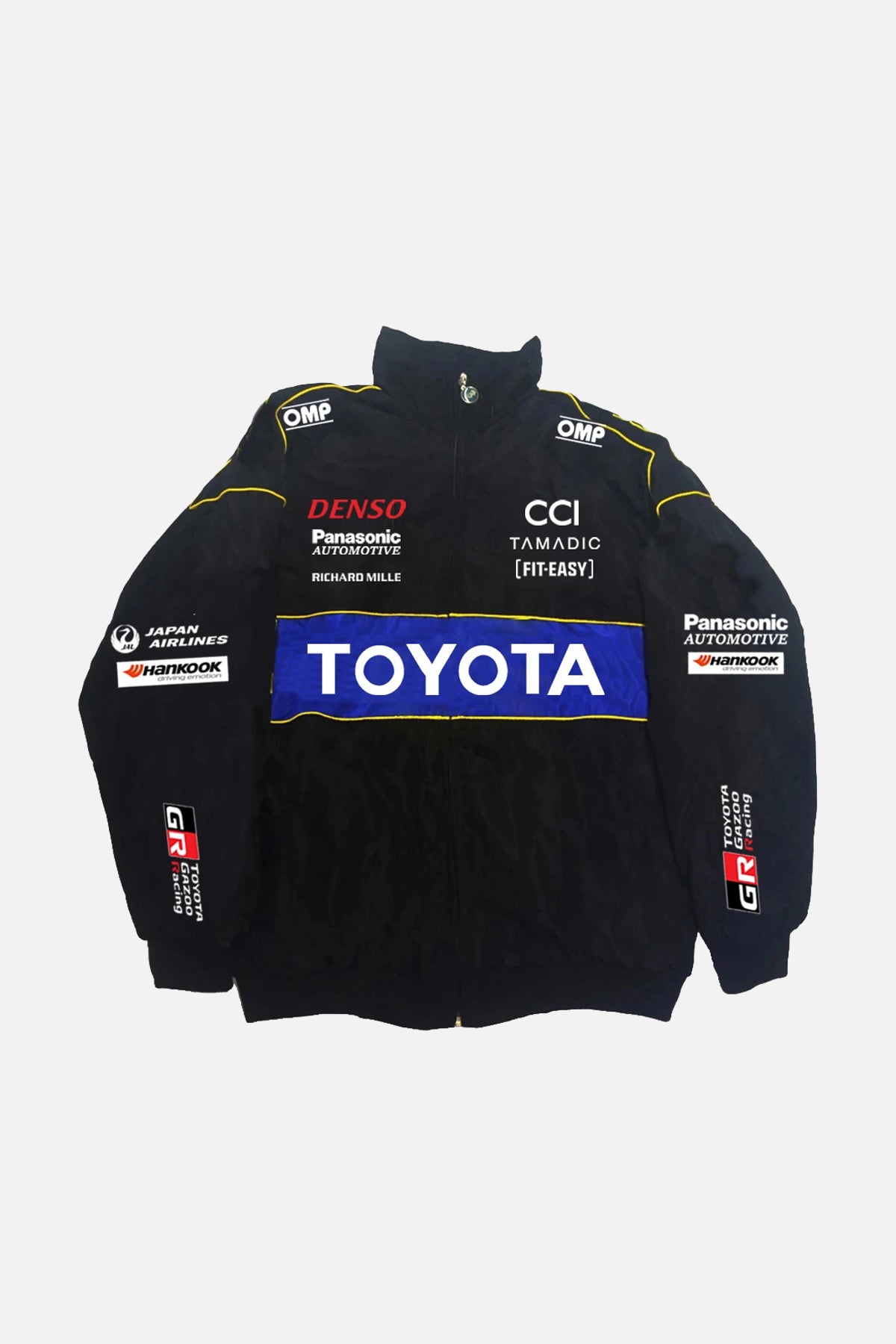 Toyota GR Racing motorsport jacket with DENSO, Panasonic, and OMP sponsor logos from revnhaus