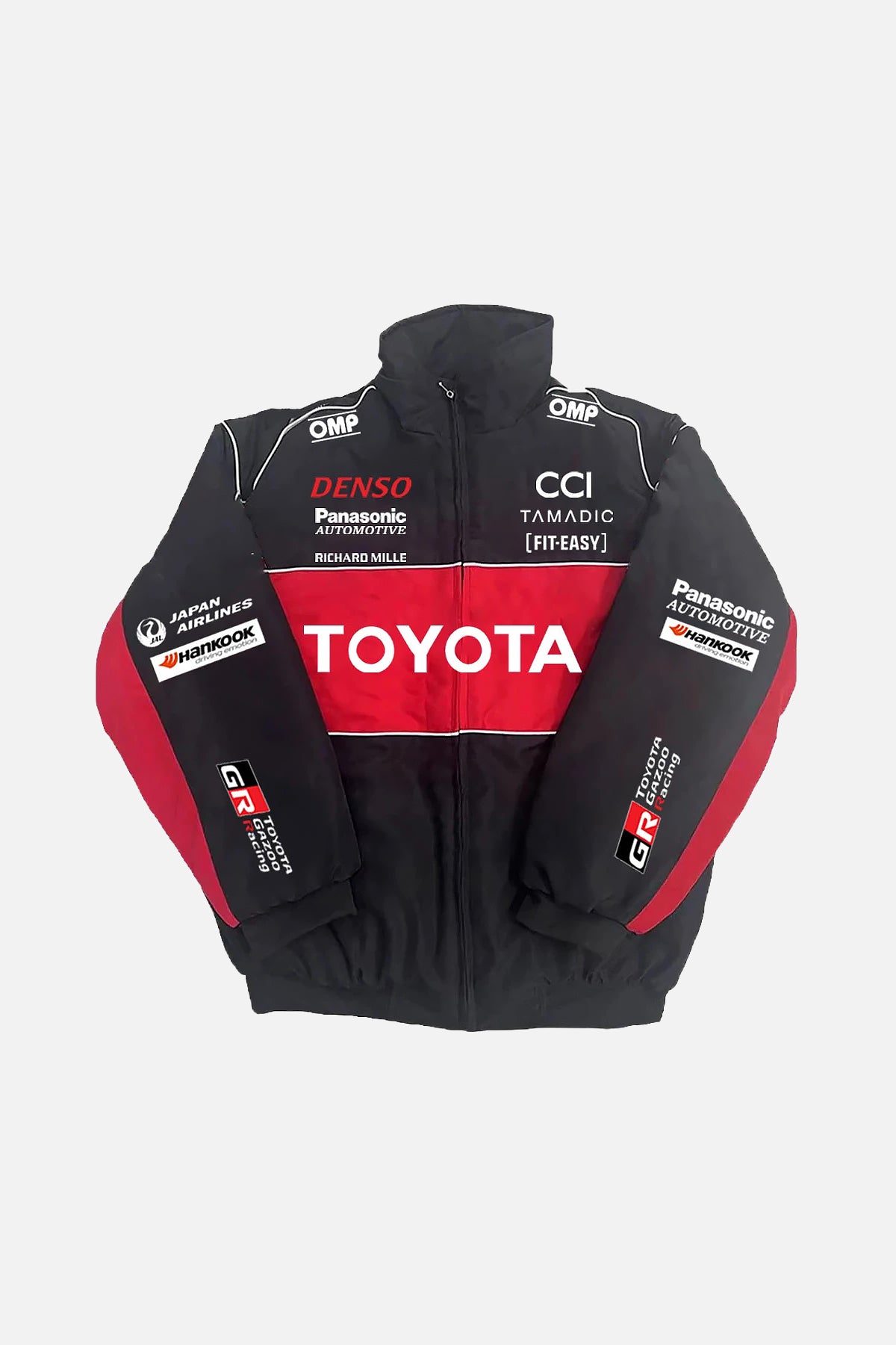 Toyota Gazoo Racing motorsport jacket with sponsor logos, black and red design from revnhaus