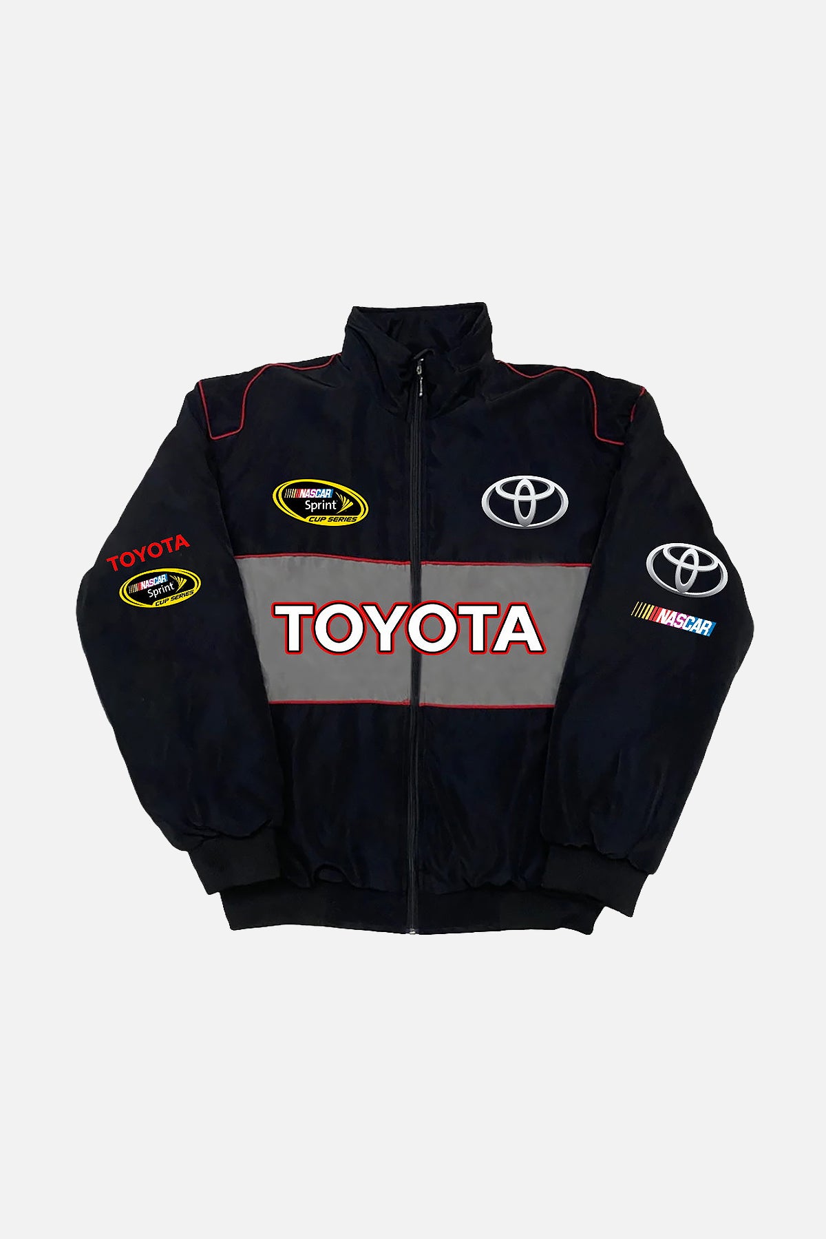 Toyota NASCAR Sprint Cup Series racing jacket with team logos and gray stripe from revnhaus