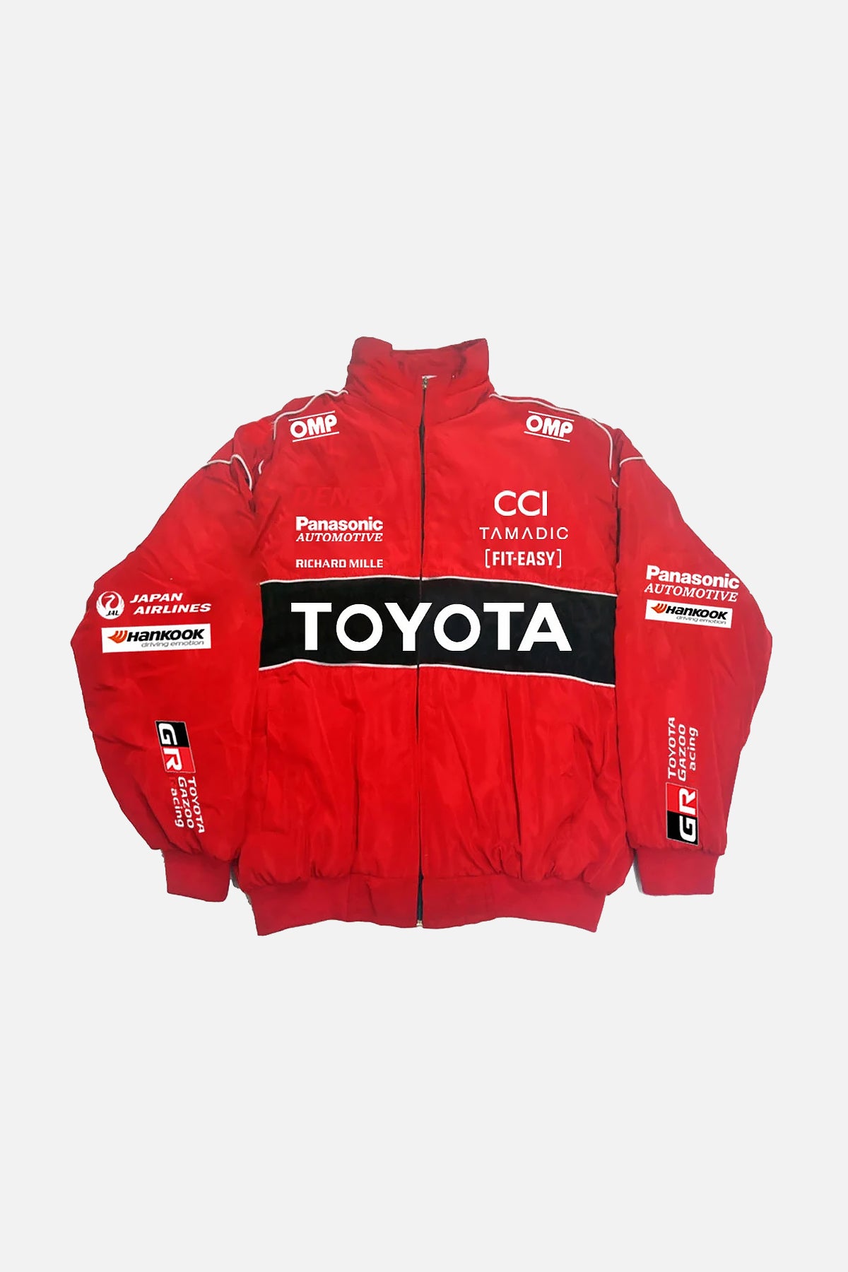 Red Toyota GR racing jacket with sponsor logos, motorsport apparel from revnhaus