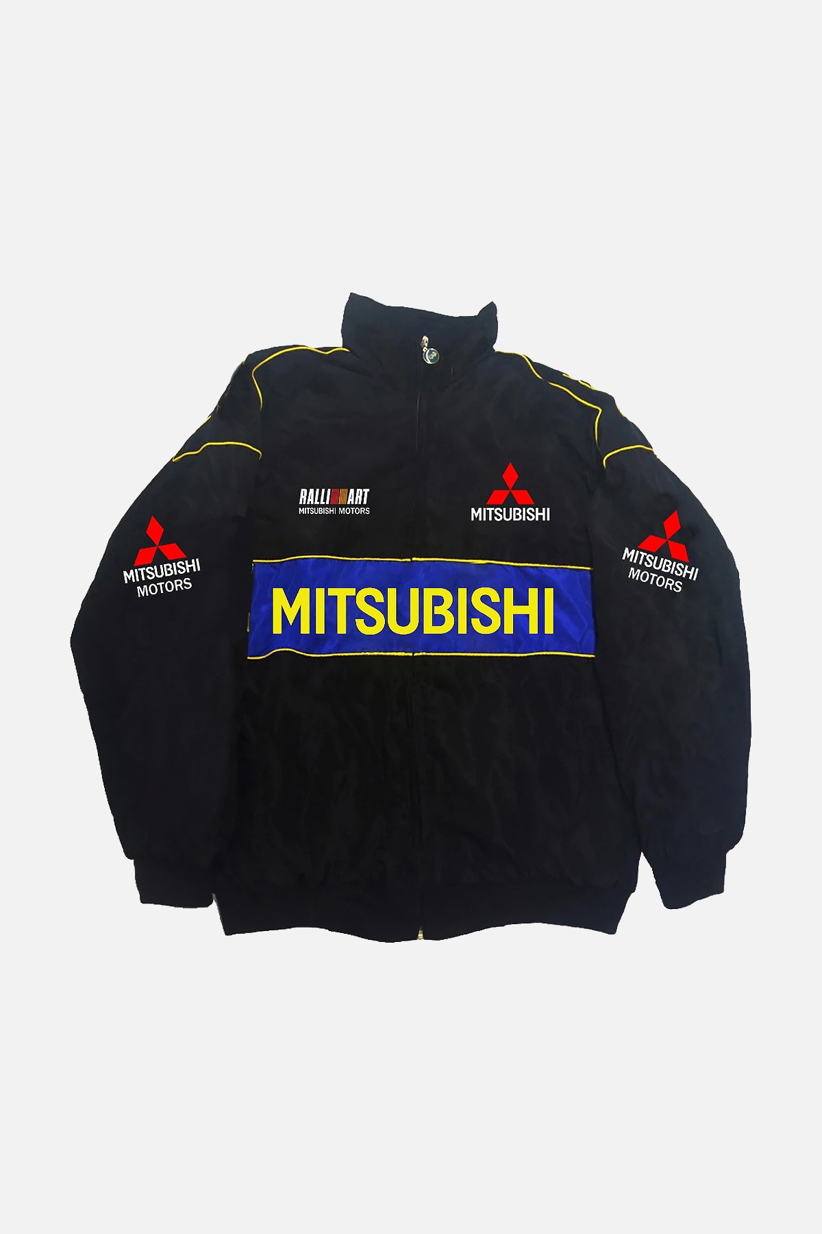 Black Mitsubishi Motors racing jacket with blue and yellow accents, Ralliart logo, from revnhaus
