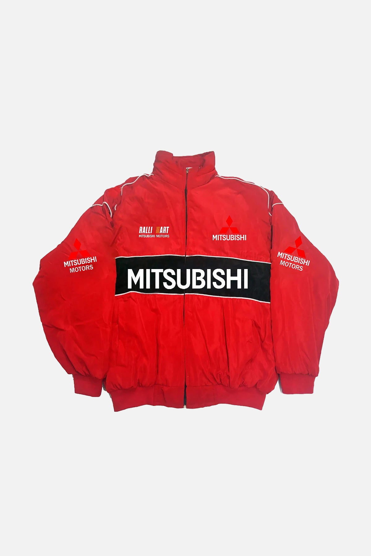 Red Mitsubishi Motors rally racing jacket with bold branding and Ralli Art logo from revnhaus