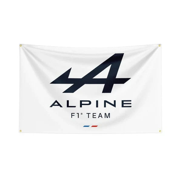Alpine F1 Team flag with bold logo and French tricolor, from revnhaus