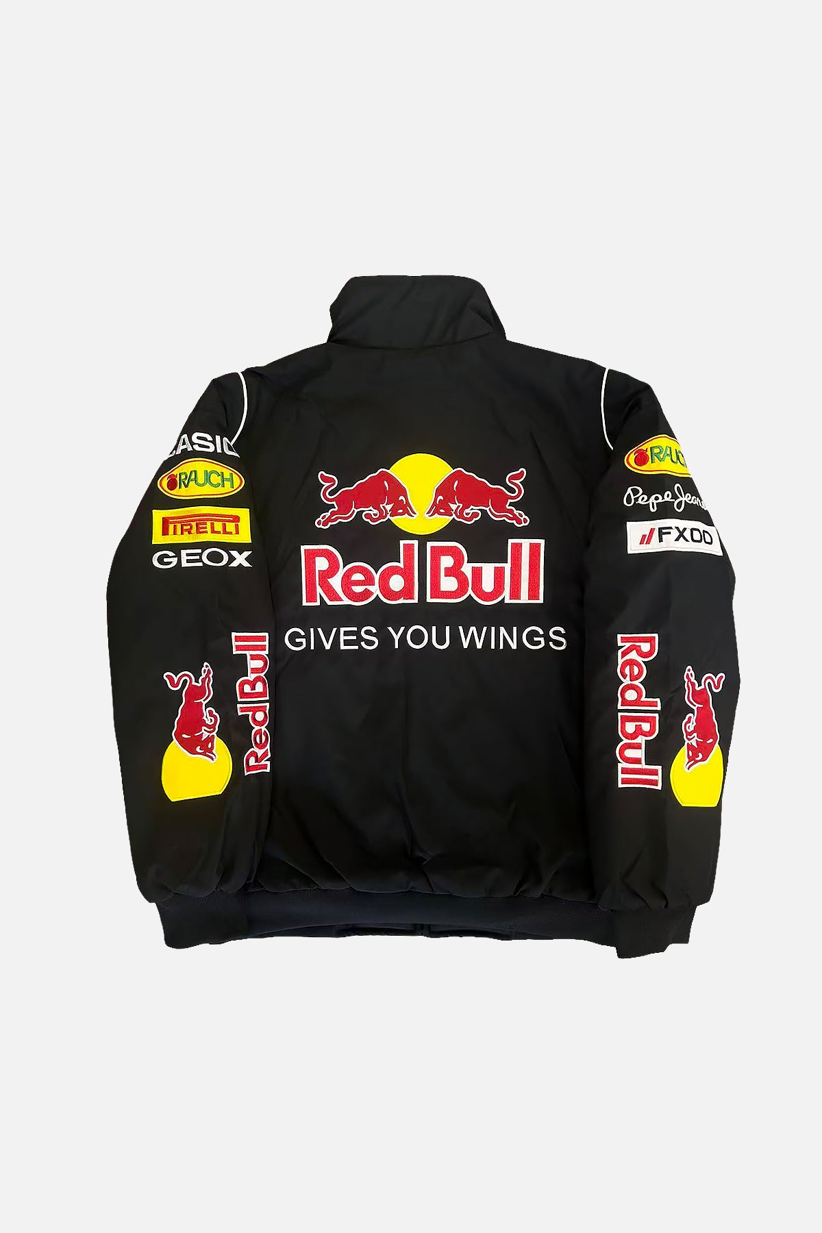 Black Red Bull racing jacket with team logos and 'Gives You Wings' slogan from revnhaus