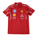 Red Ferrari F1 team polo shirt with sponsor logos, motorsport apparel from revnhaus