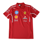 Red Ferrari F1 team polo shirt with sponsor logos, motorsport apparel from revnhaus