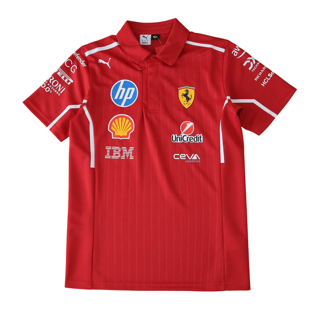 Red Ferrari F1 team polo shirt with sponsor logos, motorsport apparel from revnhaus
