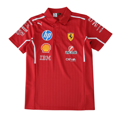 Red Ferrari F1 team polo shirt with sponsor logos, motorsport apparel from revnhaus