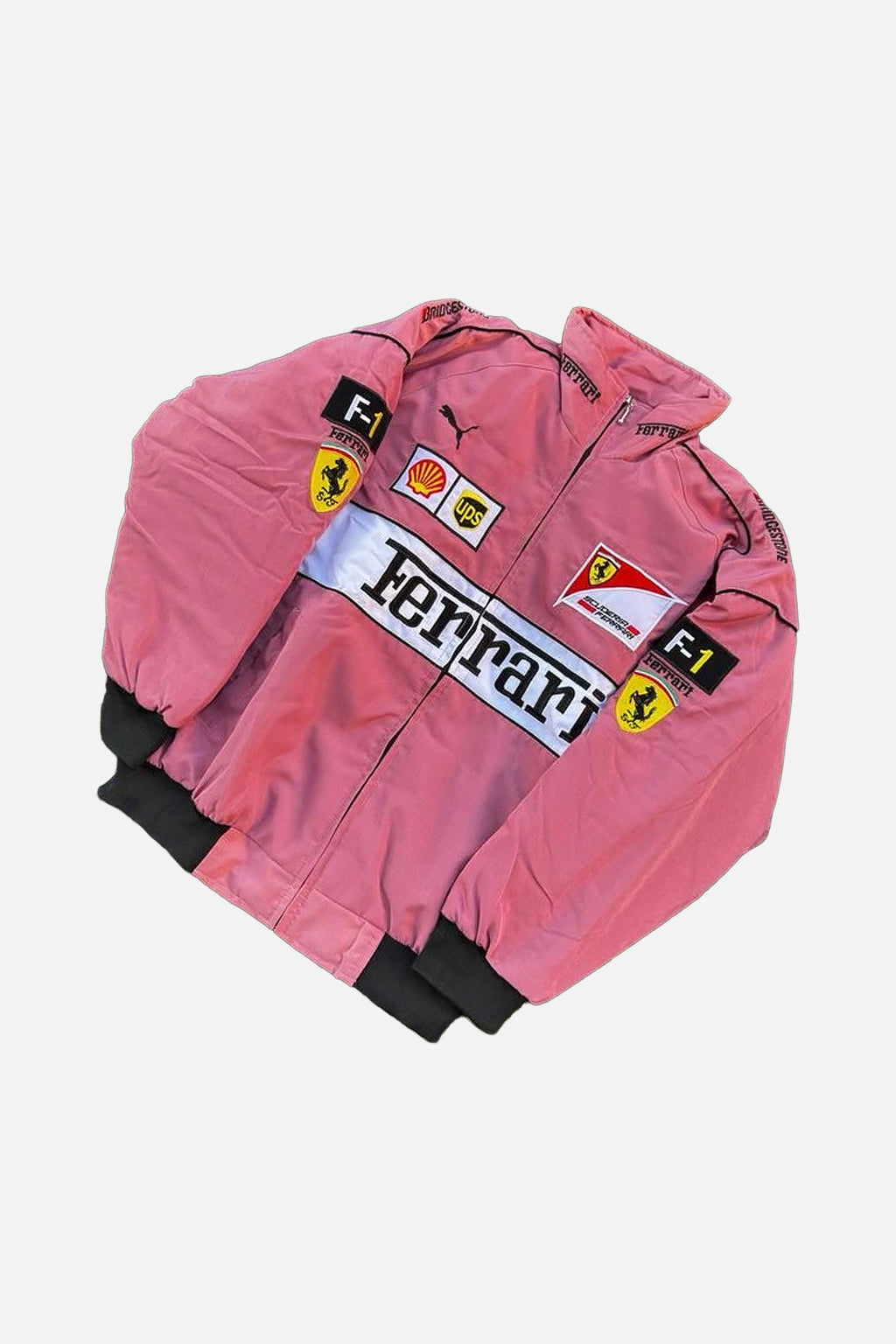 Pink Ferrari F1 racing jacket with Shell, UPS, and Puma logos from revnhaus