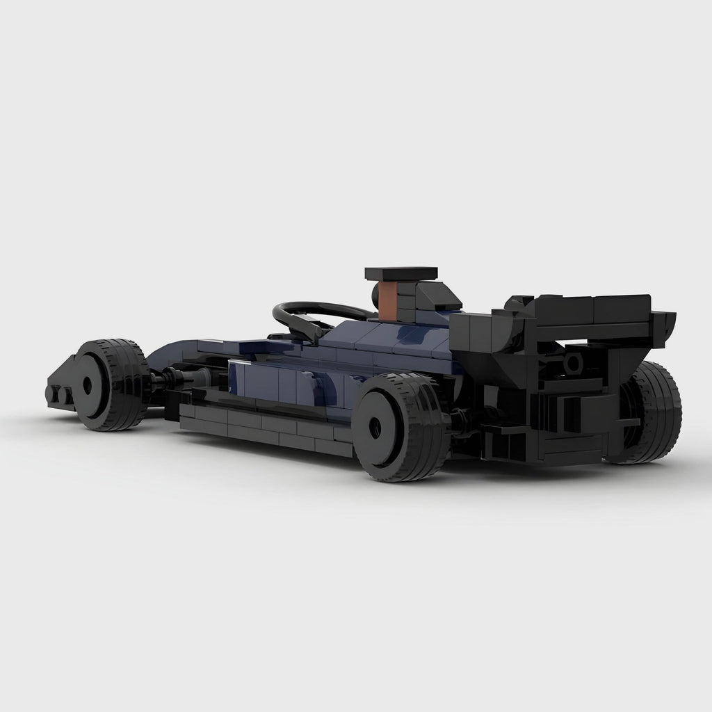 Blue and black LEGO-style F1 race car model with detailed chassis and tires from revnhaus