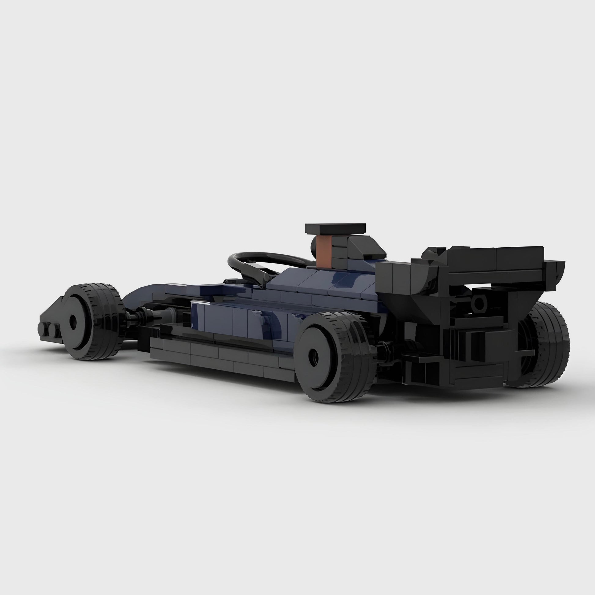 Blue and black LEGO-style F1 race car model with detailed chassis and tires from revnhaus