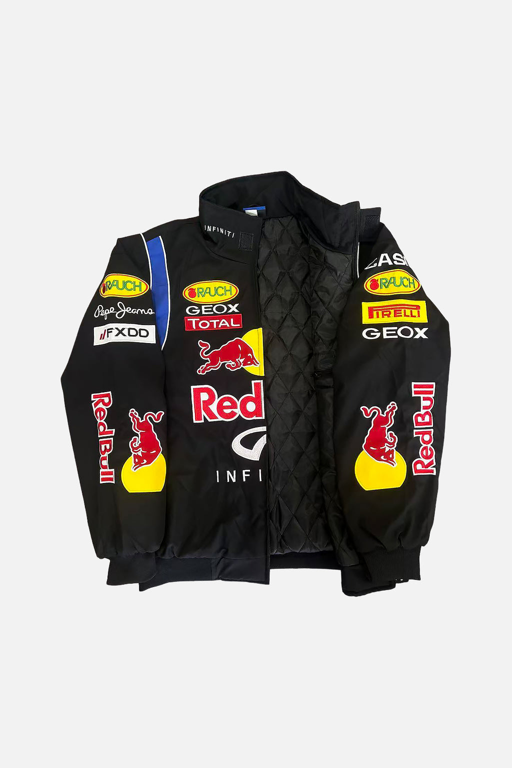 Red Bull F1 racing jacket with sponsor logos, quilted lining, from revnhaus