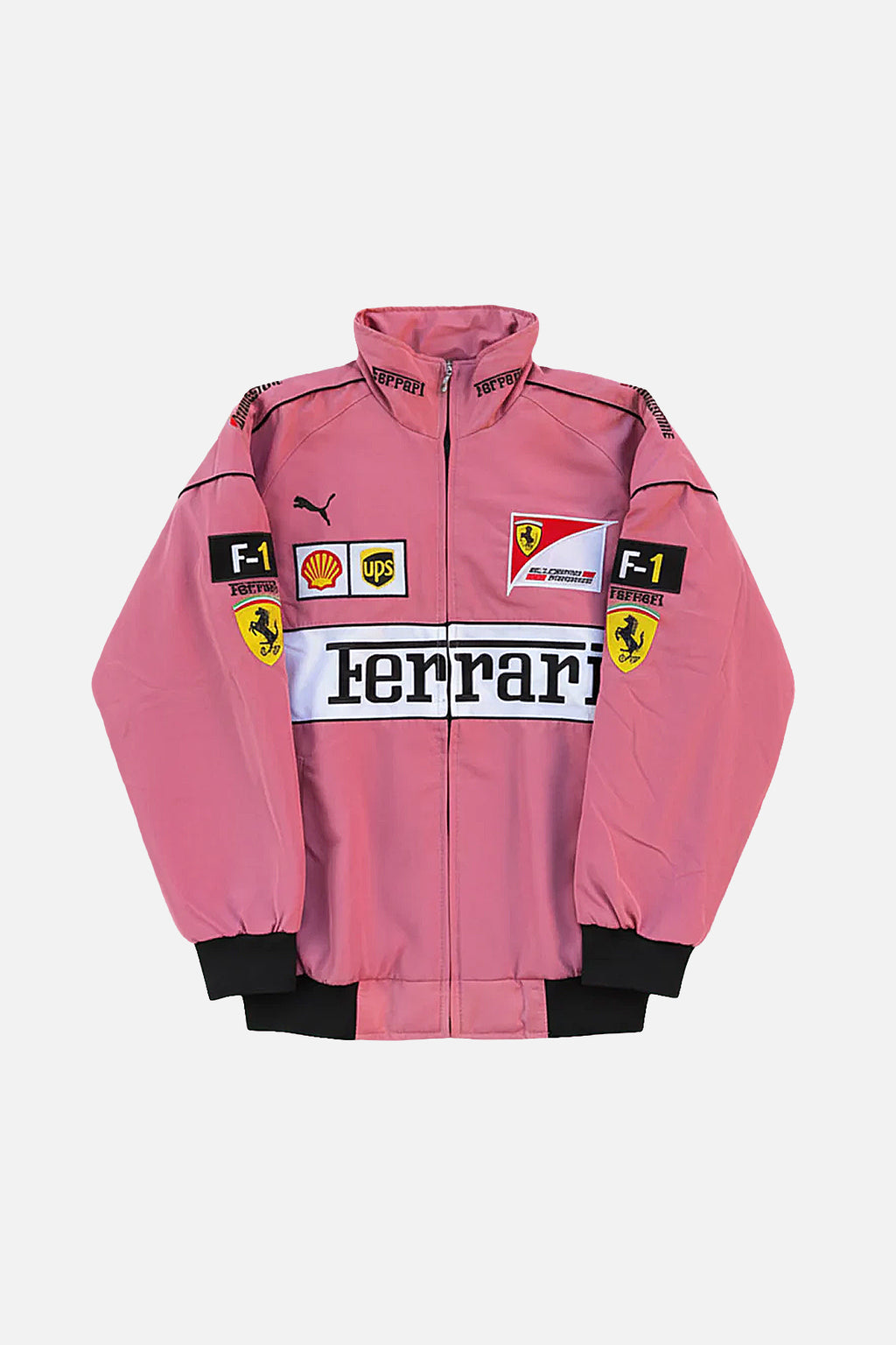 Pink Ferrari F1 racing jacket with Shell, UPS, and Puma logos from revnhaus