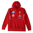 Red Ferrari F1 team hoodie with sponsor logos, Puma branding, and hood drawstrings from revnhaus