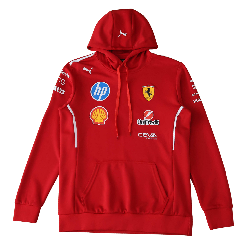 Red Ferrari F1 team hoodie with sponsor logos, Puma branding, and hood drawstrings from revnhaus