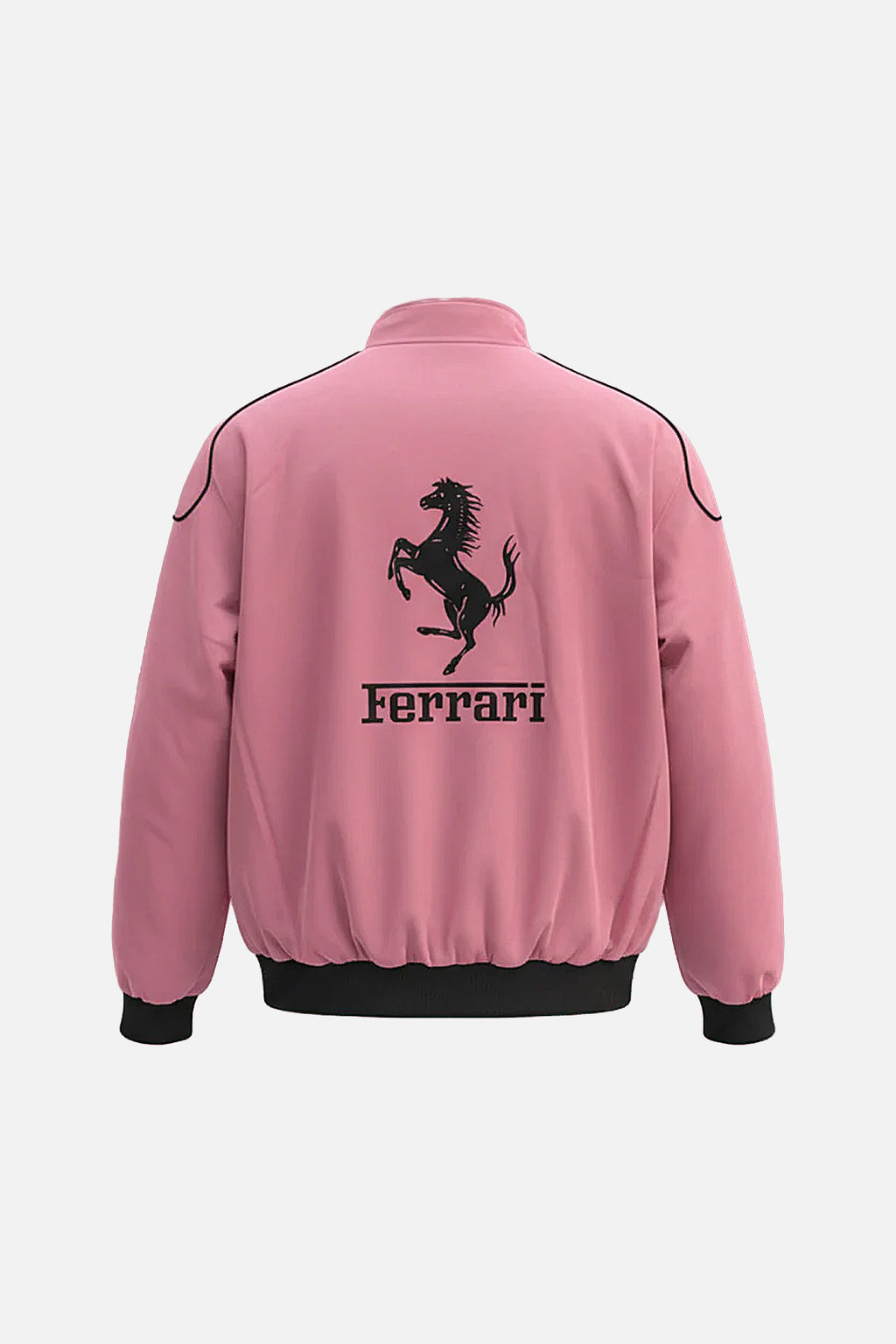 Pink Ferrari racing bomber jacket with black prancing horse logo, motorsport apparel from revnhaus