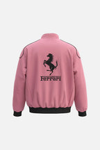 Pink Ferrari racing bomber jacket with black prancing horse logo, motorsport apparel from revnhaus