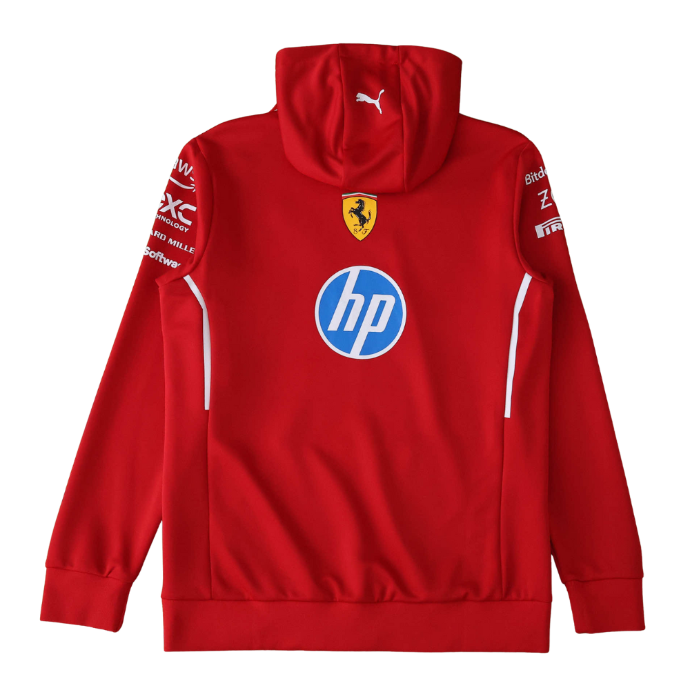 Red Ferrari F1 team hoodie with HP and Puma logos, motorsport apparel from revnhaus