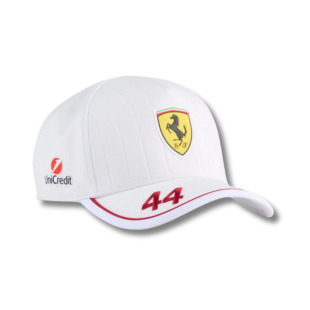 White Ferrari F1 cap with #44, Scuderia shield, and UniCredit logo from revnhaus