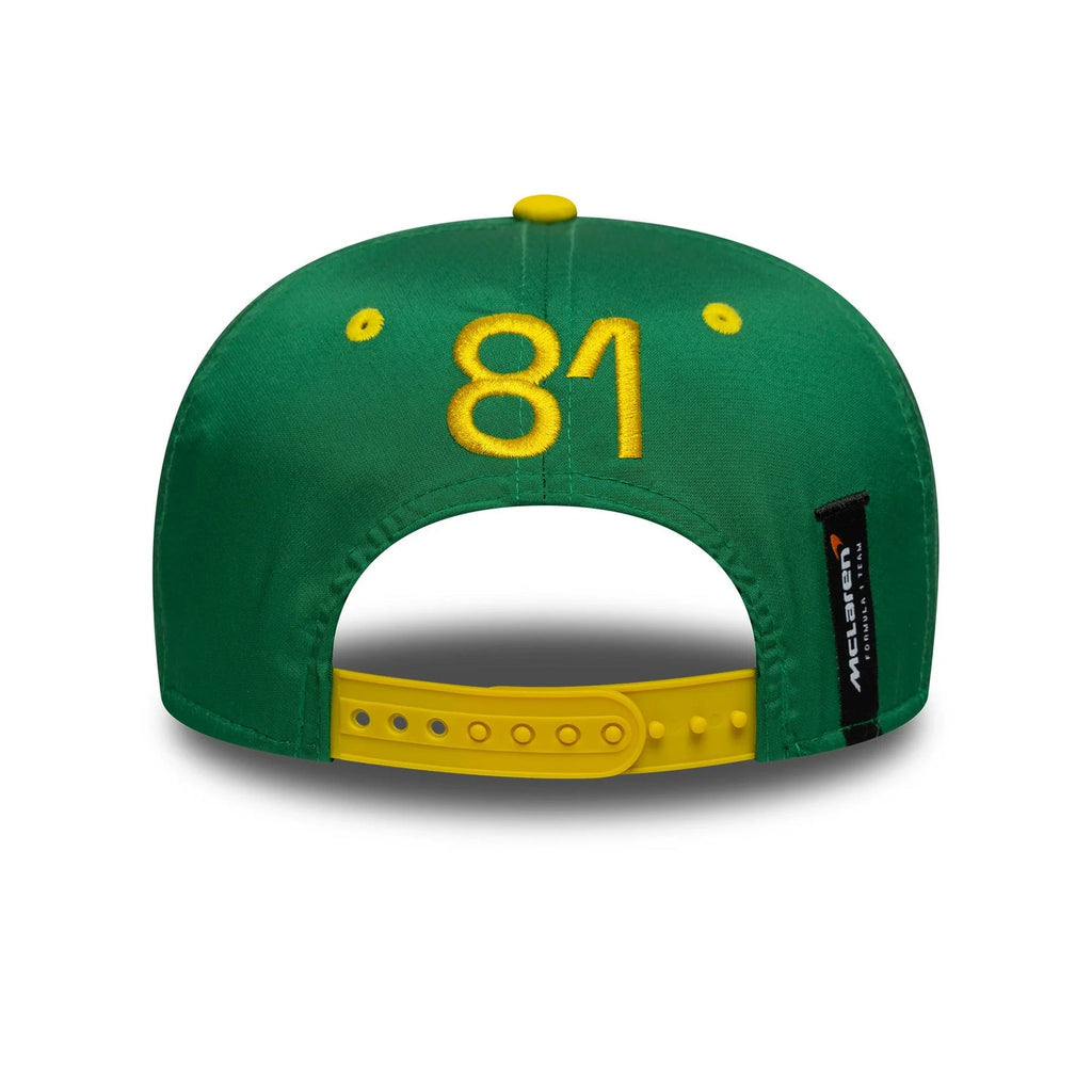 Green McLaren F1 cap with yellow #81 embroidery and team tag, from revnhaus