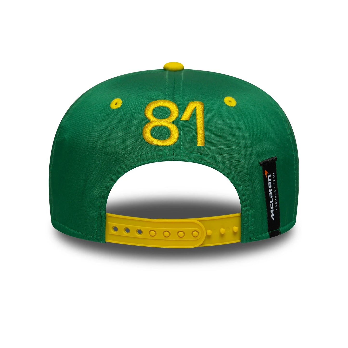 Green McLaren F1 cap with yellow #81 embroidery and team tag, from revnhaus