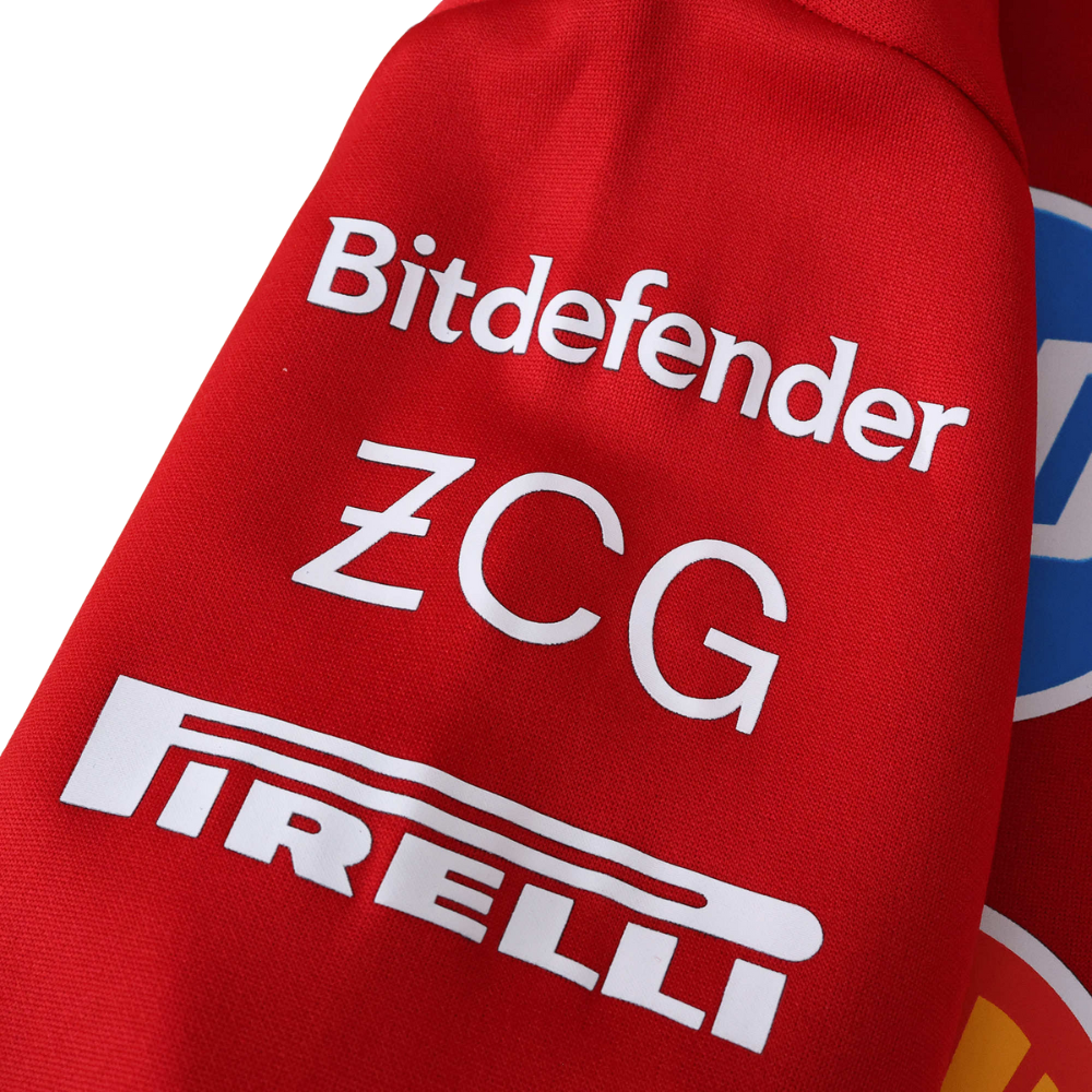 Red F1 racing jacket sleeve with Bitdefender, ZCG, and Pirelli logos from revnhaus
