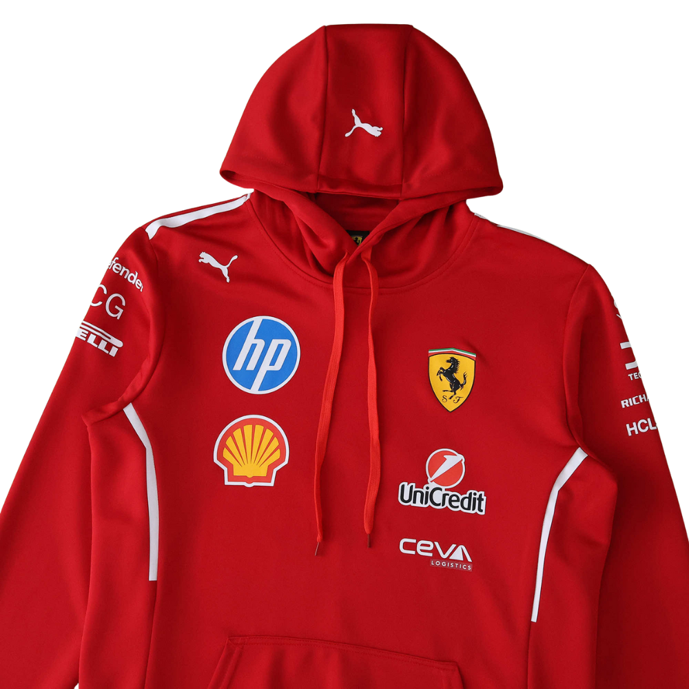 Red Ferrari F1 team hoodie with sponsor logos and Puma branding from revnhaus