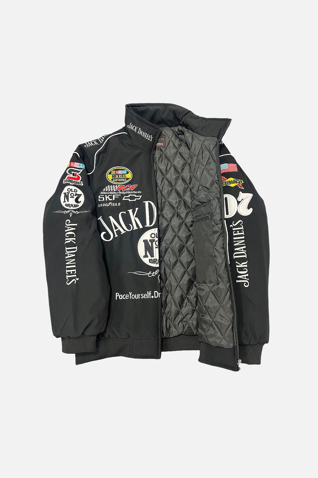 Jack Daniel's NASCAR racing bomber jacket with quilted lining and sponsor logos from revnhaus