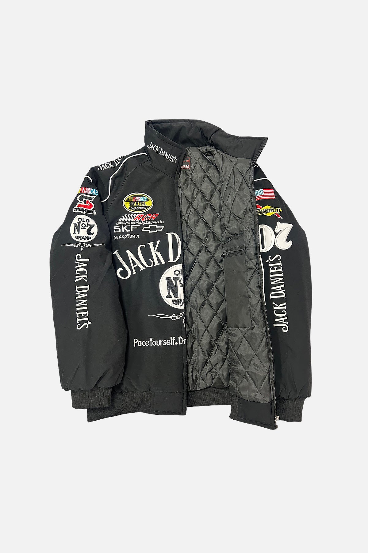 Jack Daniel's NASCAR racing bomber jacket with quilted lining and sponsor logos from revnhaus