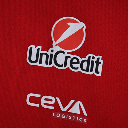 Red motorsport jacket with UniCredit and CEVA Logistics logos from revnhaus
