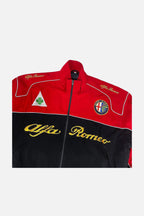 Red and black Alfa Romeo racing jacket with embroidered logos and gold script from revnhaus