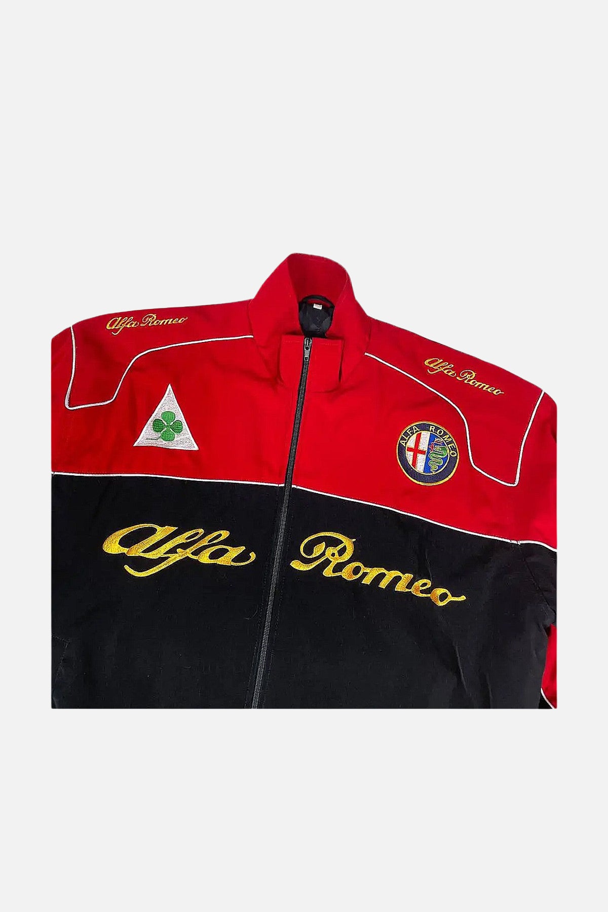 Red and black Alfa Romeo racing jacket with embroidered logos and gold script from revnhaus