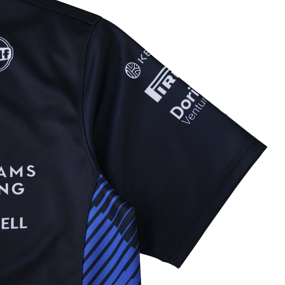 Black F1 racing jersey with blue accents and sponsor logos from revnhaus