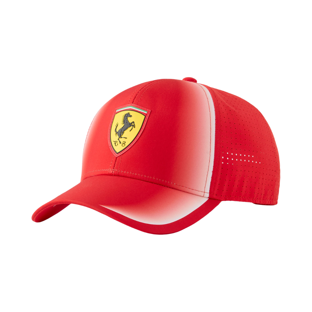 Red Ferrari racing cap with prancing horse logo and perforated back from revnhaus