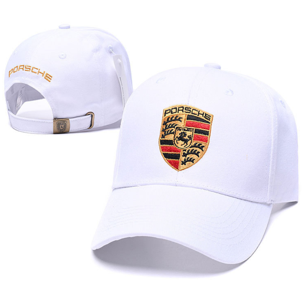 White Porsche baseball cap with embroidered crest and logo, motorsport apparel from revnhaus