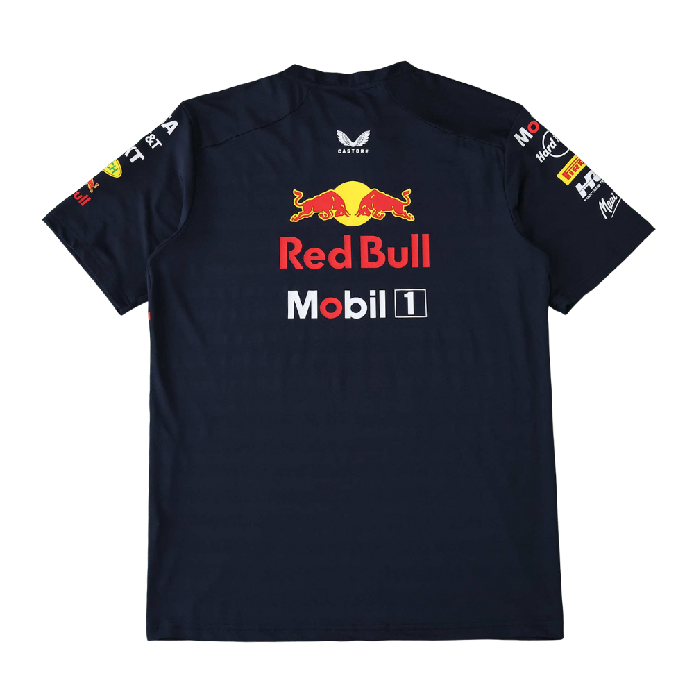 Red Bull Mobil 1 racing t-shirt with sponsor logos on sleeves from revnhaus