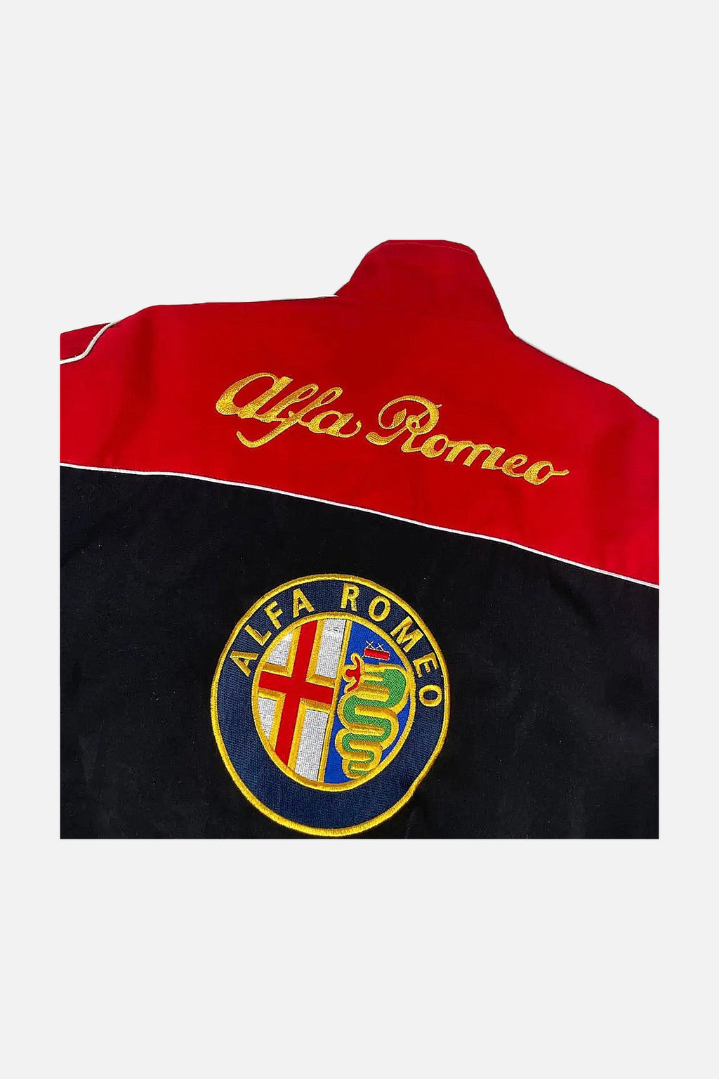 Red and black Alfa Romeo racing jacket with embroidered logo and script from revnhaus