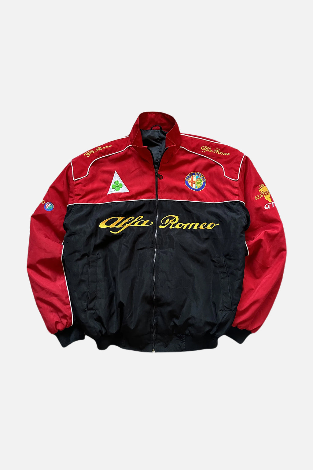 Red and black Alfa Romeo racing jacket with embroidered logos and gold script, from revnhaus