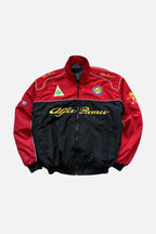 Red and black Alfa Romeo racing jacket with embroidered logos and gold script, from revnhaus