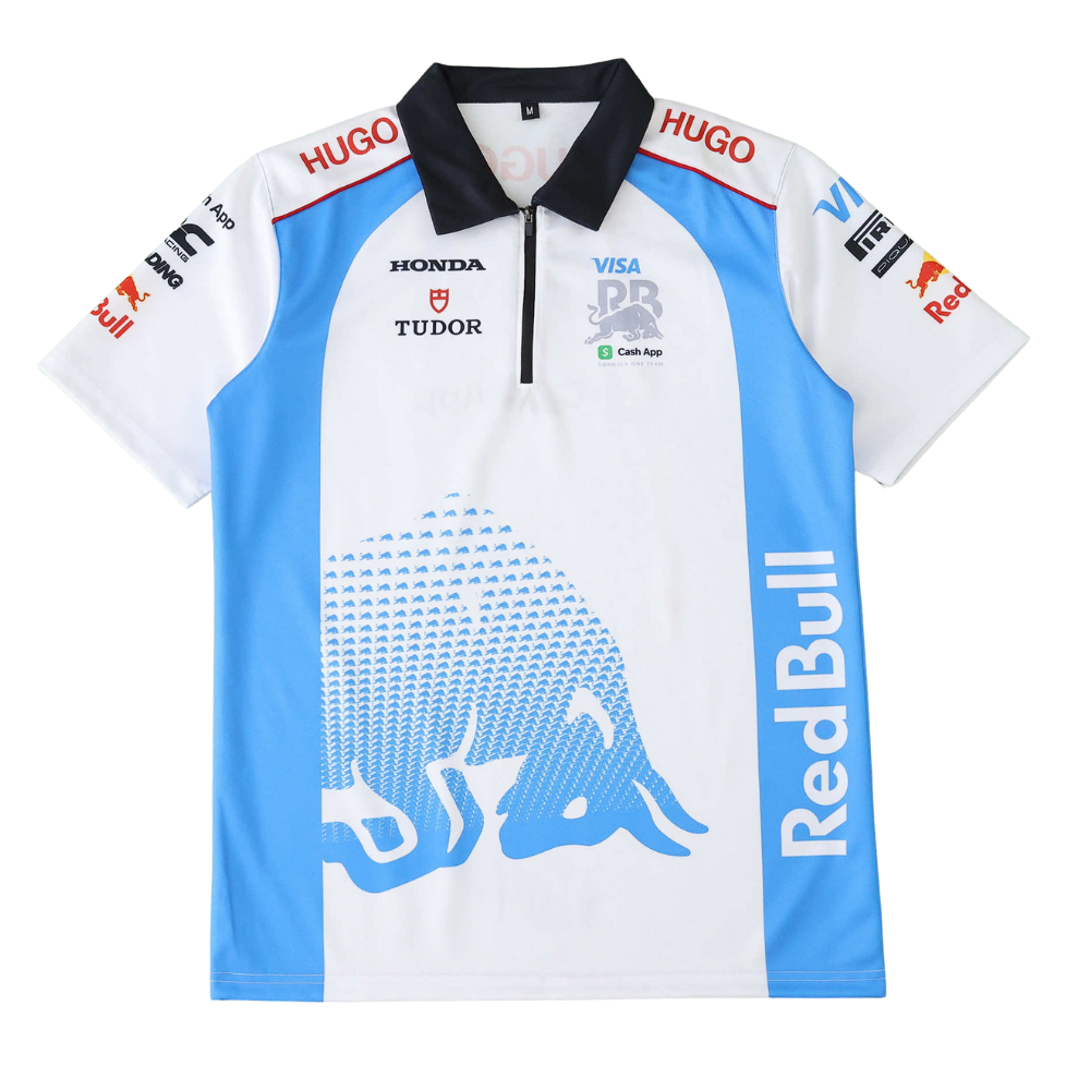 Red Bull Racing F1 team polo shirt with Honda, Tudor, Visa logos, blue and white design from revnhaus