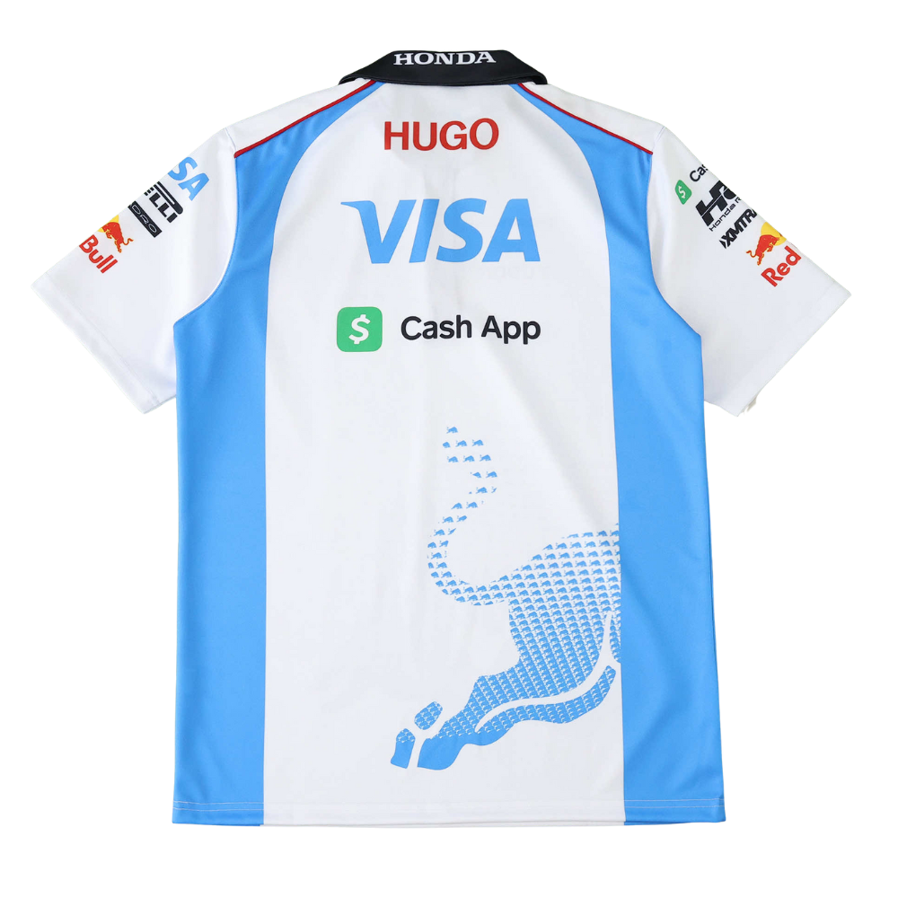 White and blue Honda F1 racing polo with Visa, Cash App, Red Bull logos from revnhaus