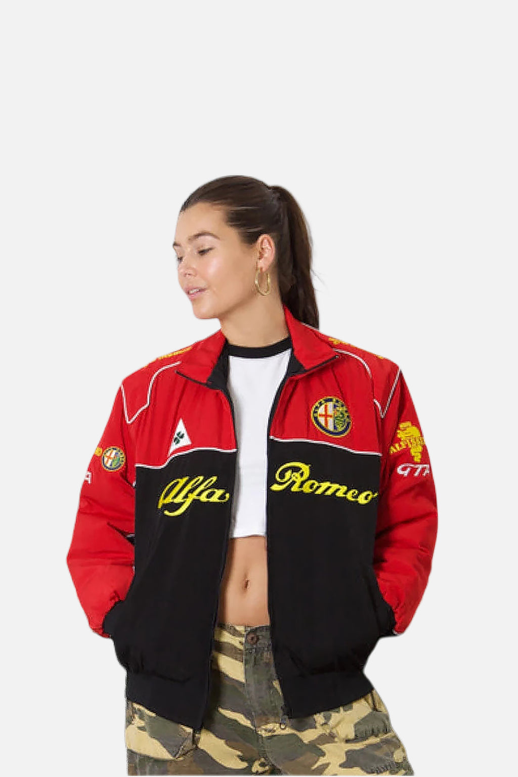 Red and black Alfa Romeo racing jacket with embroidered logos, worn by woman in camo pants from revnhaus