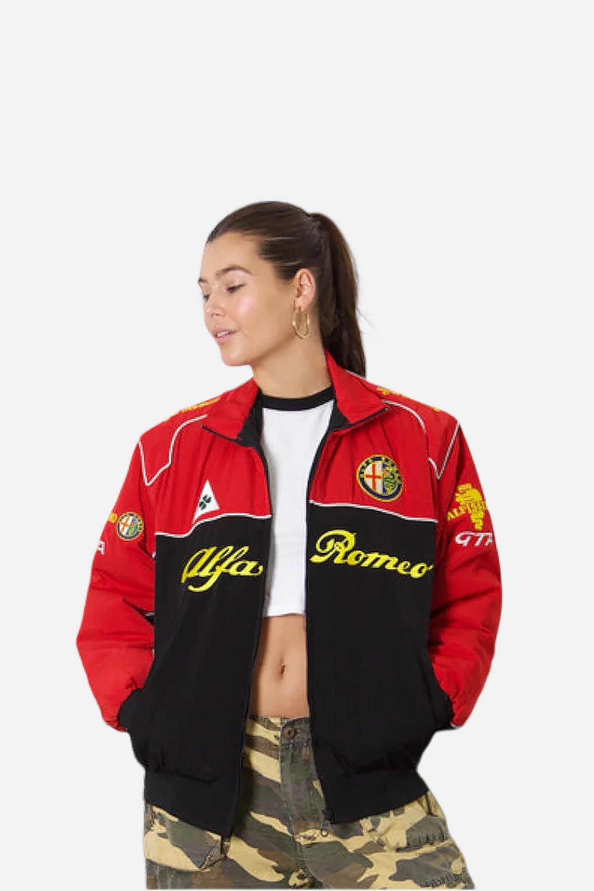 Red and black Alfa Romeo racing jacket with embroidered logos, worn by woman in camo pants from revnhaus