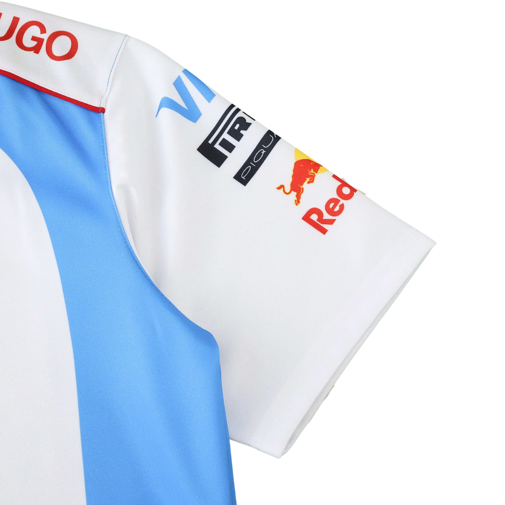 White and blue racing jersey sleeve with Red Bull and Pirelli logos from revnhaus