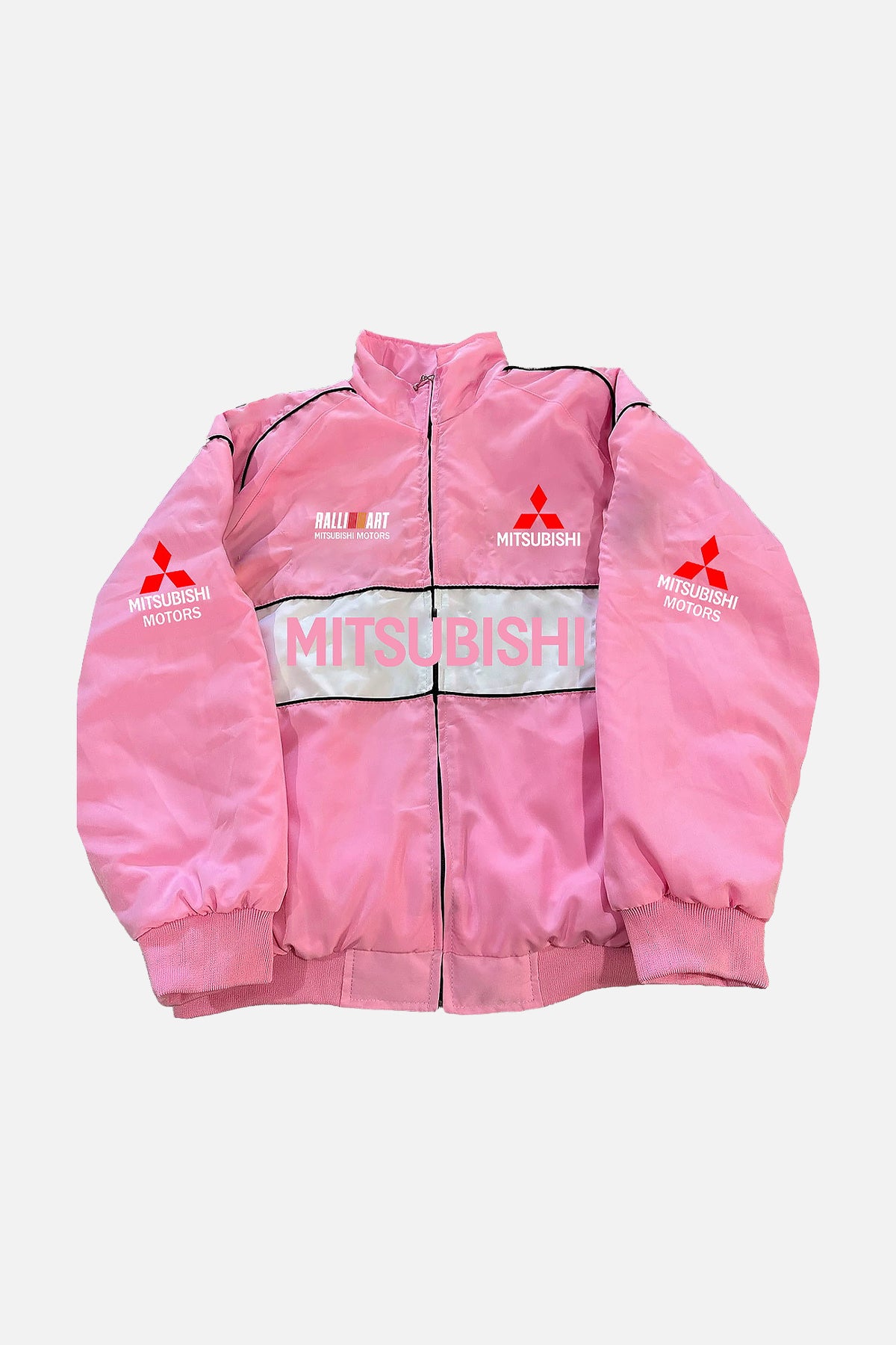 Pink Mitsubishi Motors racing jacket with Ralliart logo, motorsport apparel from revnhaus
