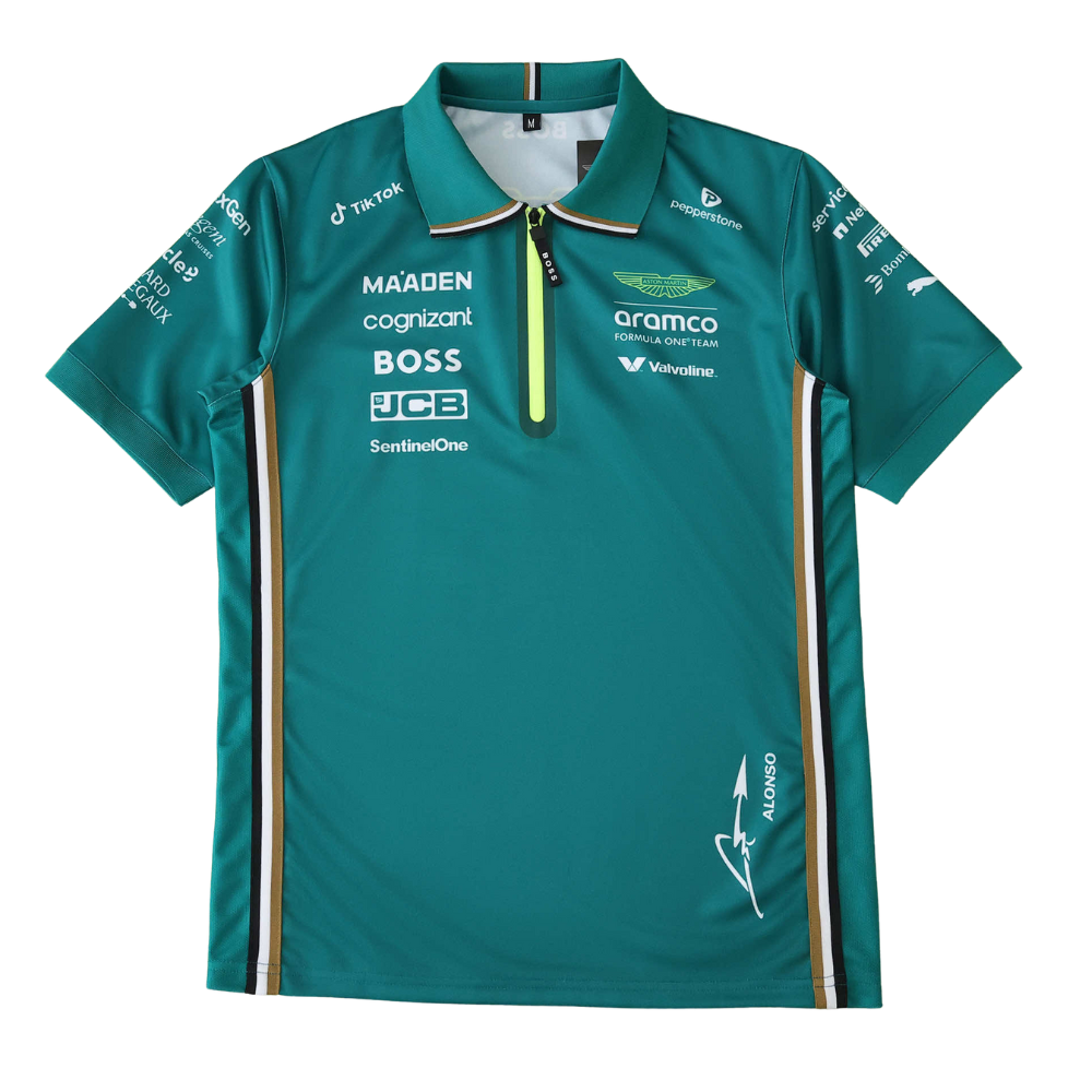 Aston Martin F1 Team polo shirt with sponsor logos and Alonso signature, from revnhaus