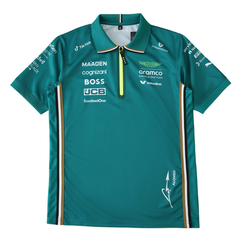 Aston Martin F1 Team polo shirt with sponsor logos and Alonso signature, from revnhaus