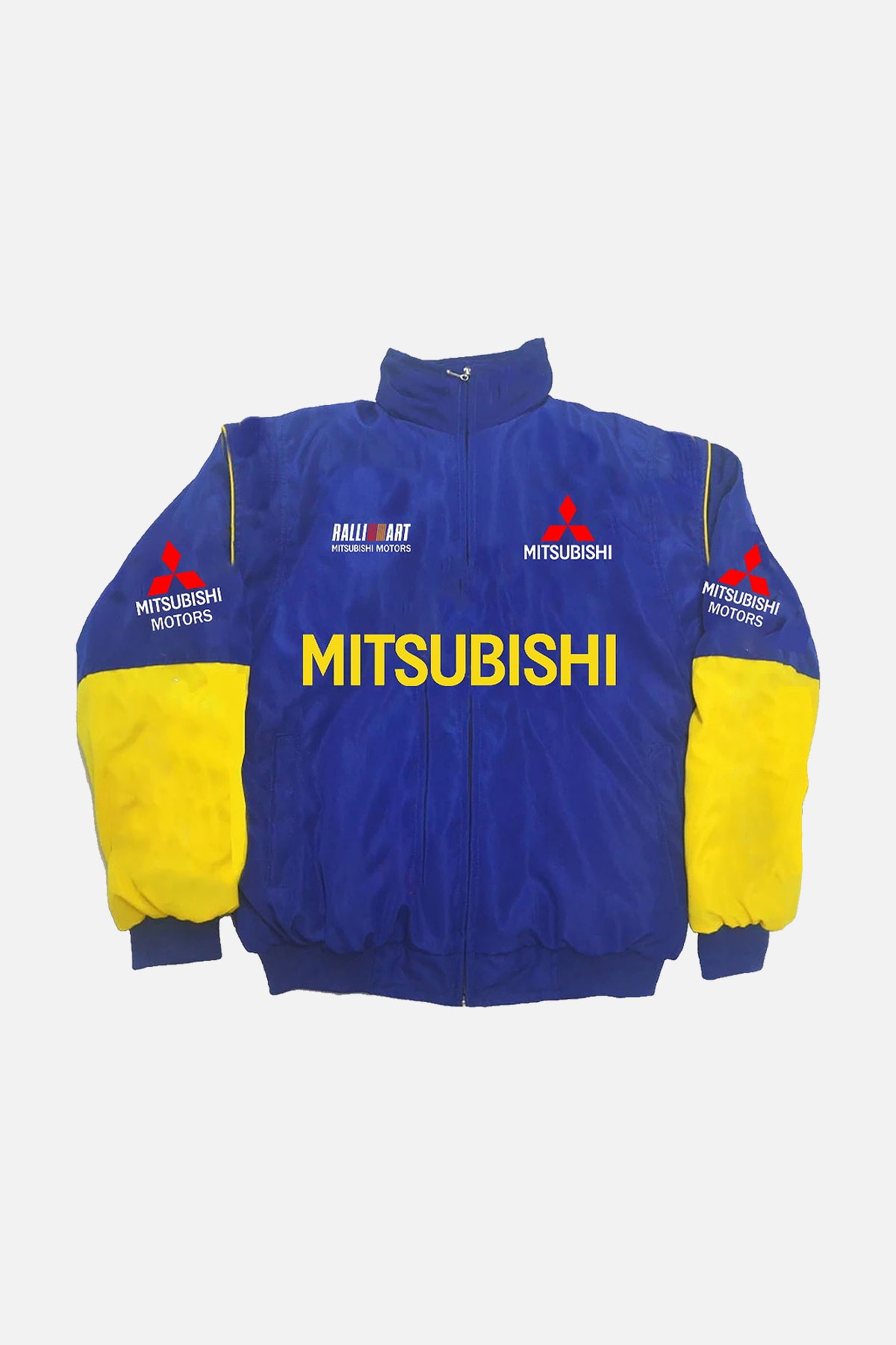 Blue and yellow Mitsubishi Motors racing jacket with Ralliart logo from revnhaus