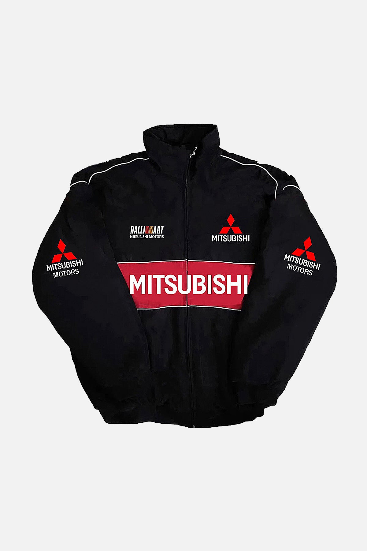 Black Mitsubishi Motors racing jacket with red logo and Ralliart branding from revnhaus