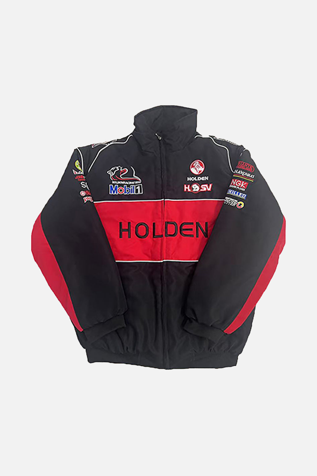 Black and red Holden HSV racing jacket with Mobil 1 and sponsor logos from revnhaus